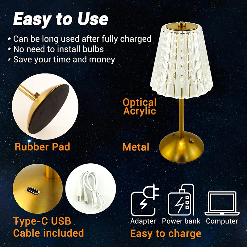 LED Crystal Diamond Table Lamp USB Touch Dimming Desk Lamp Eye-Protection Night Light Restaurant/Hotel/Bar Decorative Light