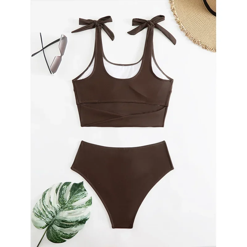 

2025 Sexy Brown Bikinis Sets 2 Pieces High Waist Swimsuit Tie Swimwear Female Sports Brazilian Biquini Beach Wear Bathing Suit