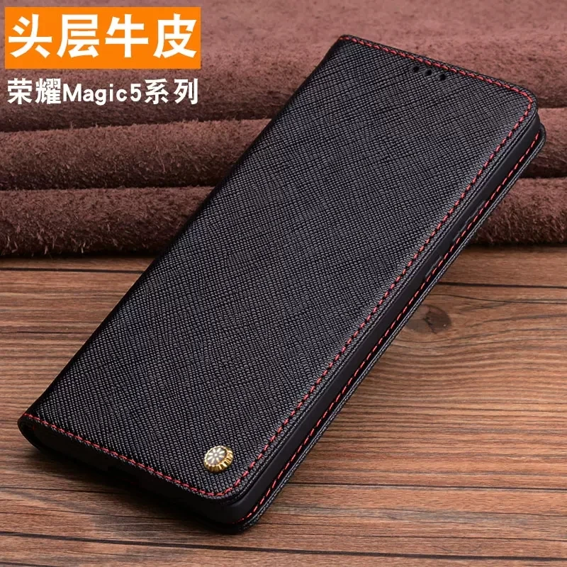 Original Genuine Cowhide Leather Flip Case for Honor Magic 5 Pro Business Crocodile Grids Pattern Phone Cover Full Coverage Book