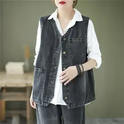 Denim Vests Women Korean Retro Solid Harajuku Casual Fashion All-match Simple Streetwear Pockets New Design Cozy Waistcoat Femme