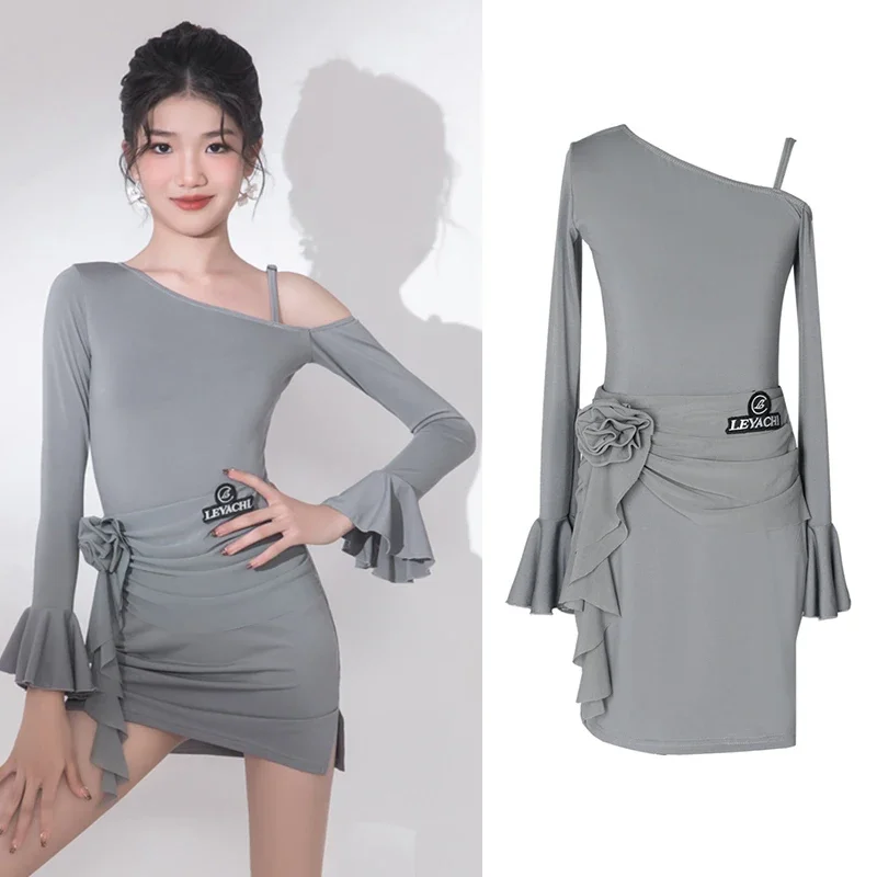 

Kid's Latin Dance Costume Girl's Samba Cha Cha Practice Clothes Sling Grey Split Suit Tango Waltz Samba Long Sleeves Wear