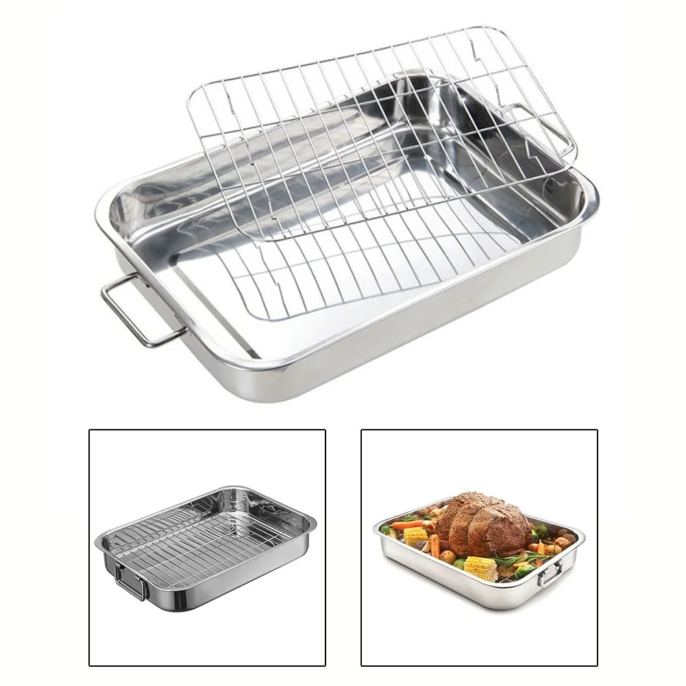 Roast Dish Grill Deep Roasting Tray Oven Pan Grill Rack Baking Roaster Kitchen Turkey Roasting Accessories Stainless Steel