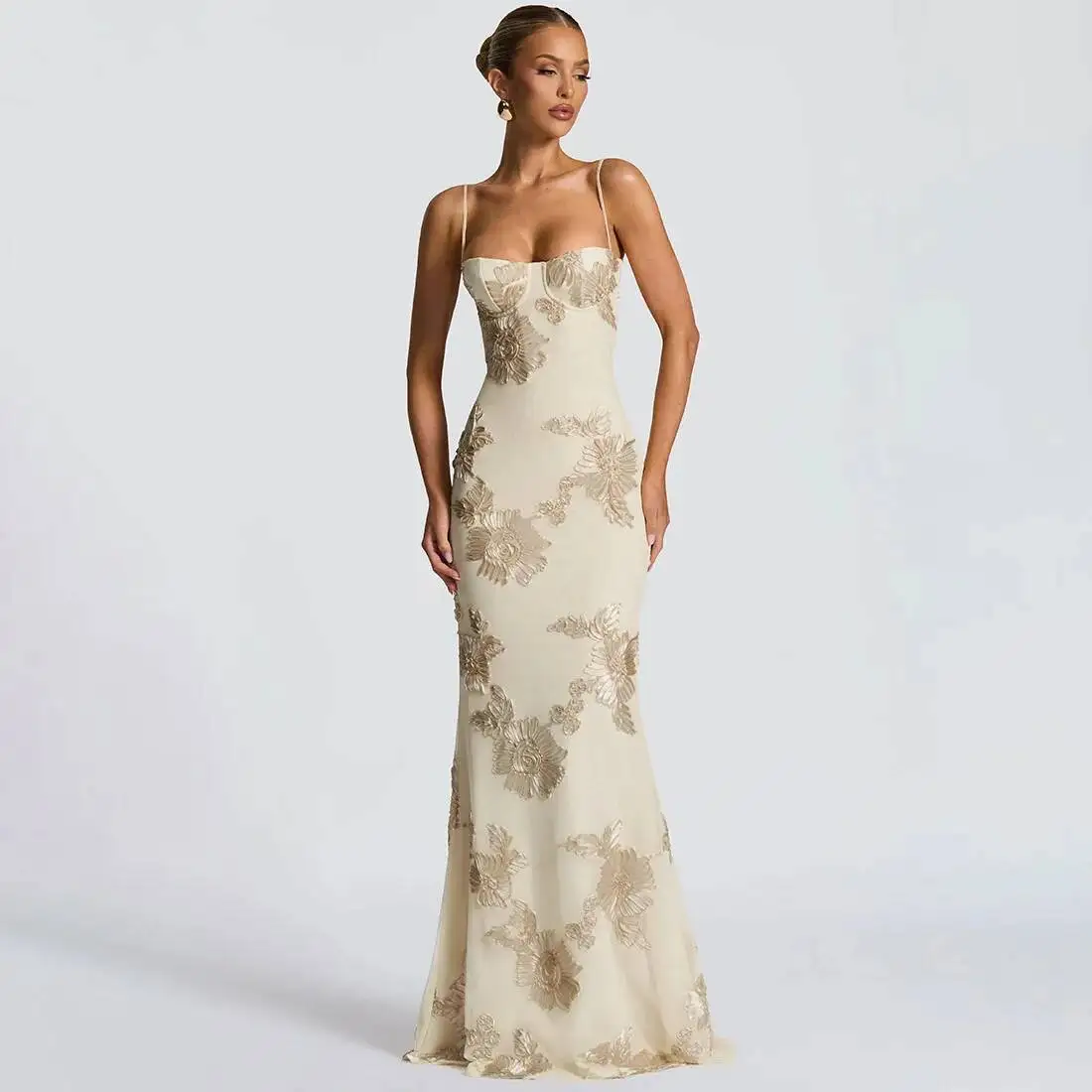 Sexy Abend-Club-Party-Kleider 2022, Damen, Sommer, Herbst, Blumenmuster, Mesh, Maxi-langes Kleid, figurbetont, Bnadage, rückenfrei, Meerjungfrau-Robe