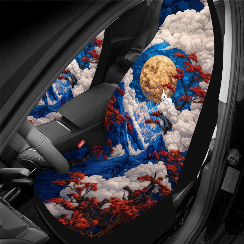 1 Set Moon Rabbit Cloud Trees Car Seat Cover Universal All-Year, 2pcs/5pcs High-Back Fantasy Art Car Seat Covers Full Set, Unive