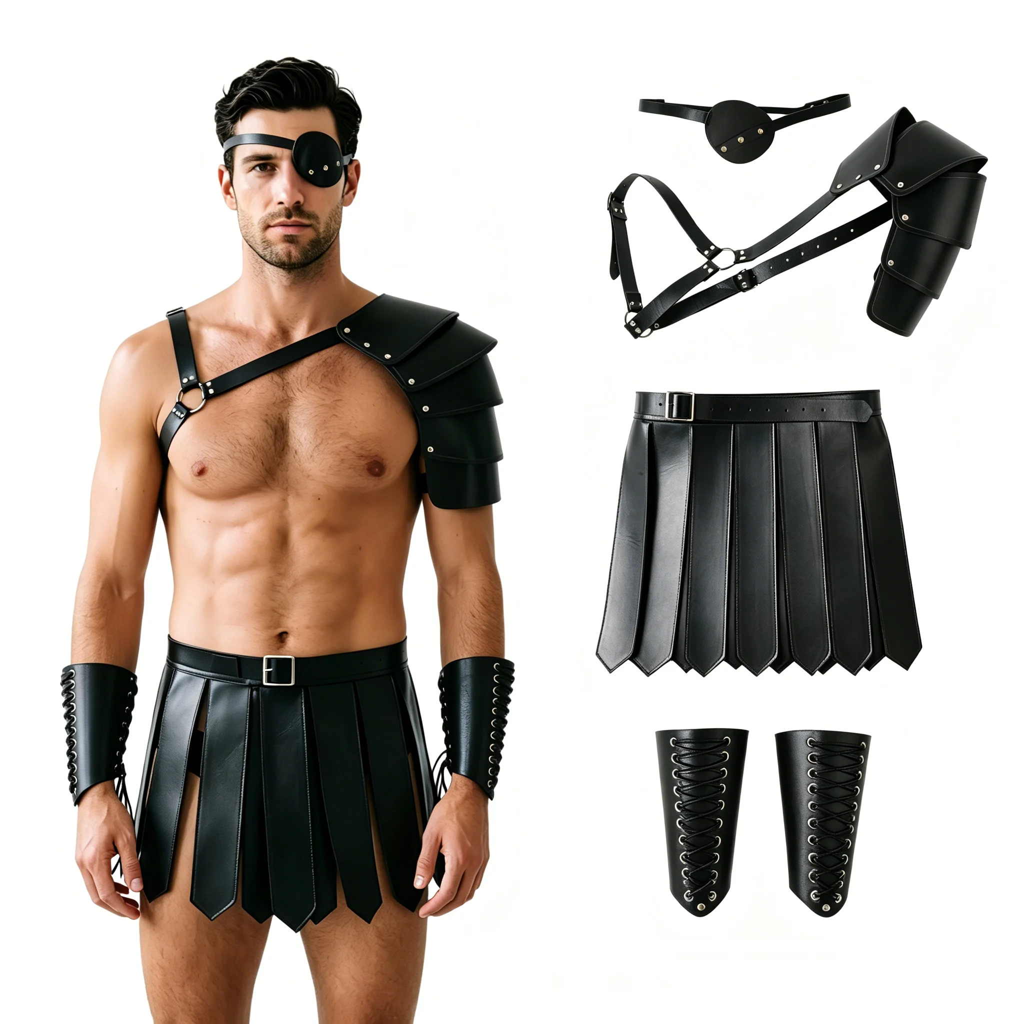 

AwwwCos Men's Medieval Viking Gladiator Costume Set with Leather Shoulder Armor Kilt Skirt Eyepatch Arm Bracers for LARP Cosplay