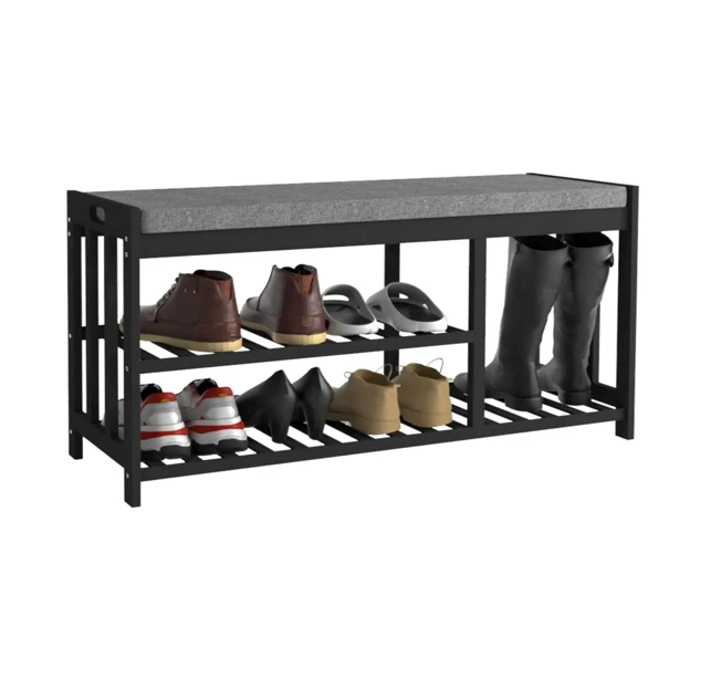 

！@Combohome 3 Tier Bamboo Shoe Organizer Rack Bench with Cushion Padded Seat for Indoor Entrance Hallway Shoes Storage Rack