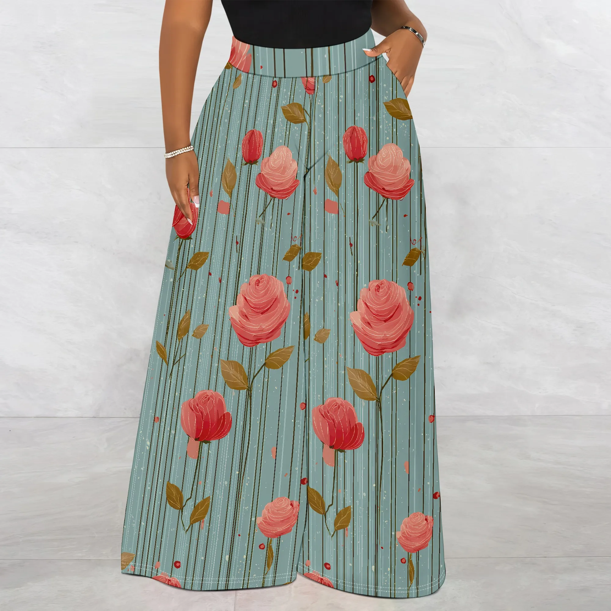 Floral Print, Wide Leg Pants, Rose Pattern Trousers, Pocket Design Culottes, Casual Wear for Women, S-2XL