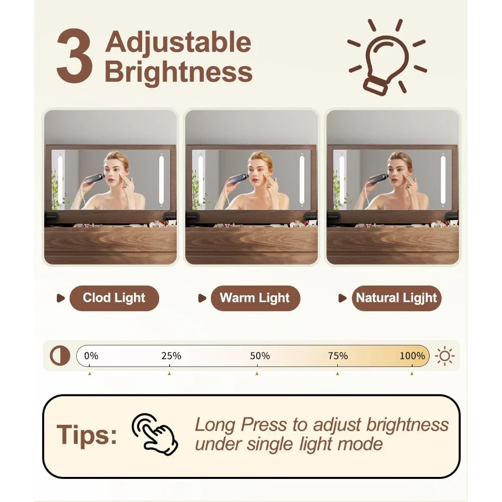 مكتب زينة خشبي مع مرآة وأضواء، مجموعة منضدة الزينة مكونة من 4 أدراج، علامة تبويب مكياج كبيرة مقاس 40 بوصة