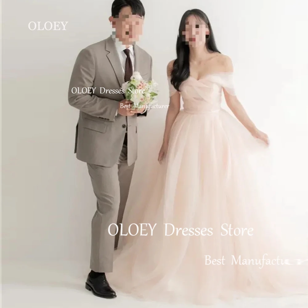 Oloey fada rosa coreia vestidos de festa de casamento à noite tule macio sessão de fotos sem alças corda volta vestidos de baile elegante mariage