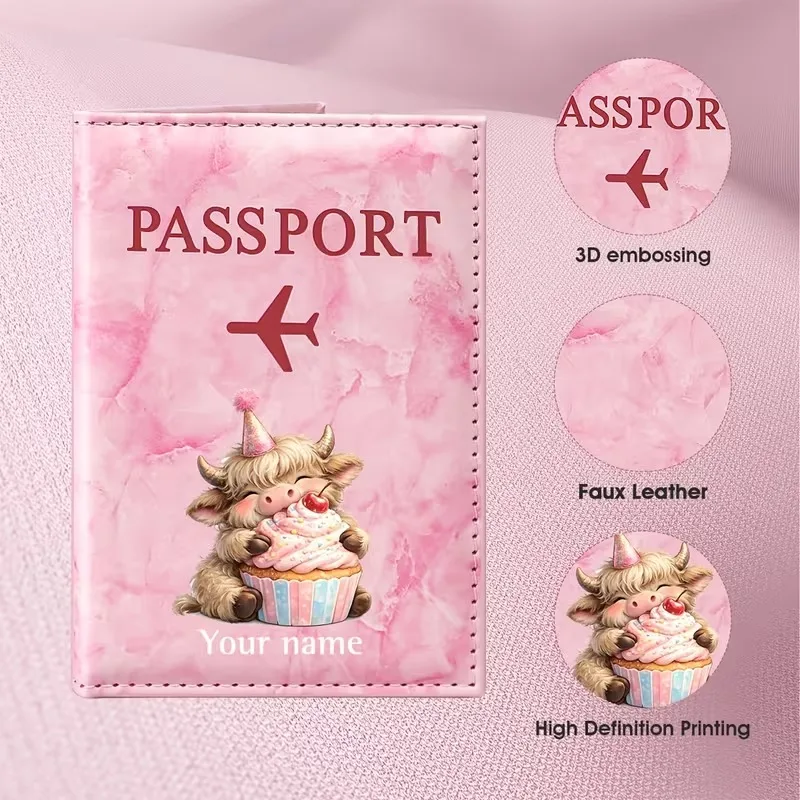 Personalized Custom Name Cute Cartoon Bear Cake Illustration Design PU Passport Holder, Featuring an Adorable Bear Wearing