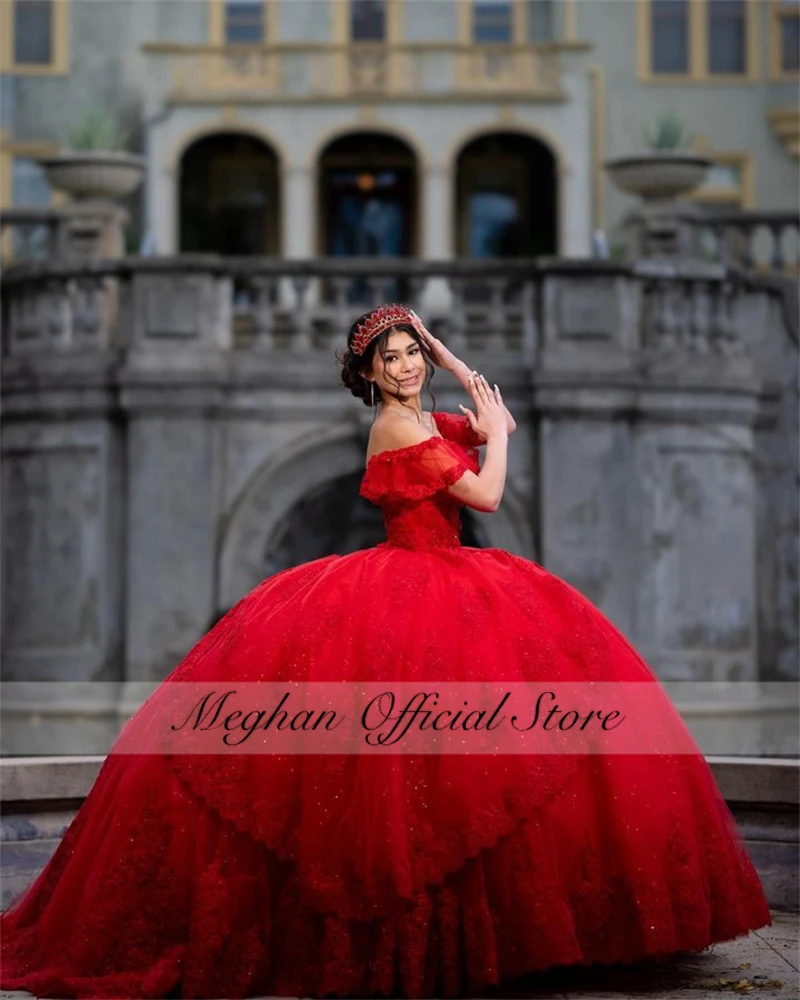 Red Off The Shoulder Quinceanera Dress 2024 Beaded Prom Dress Ball Gown Appliques Puffy Tiered Luxury Sweet 16 15 Customized