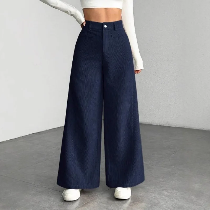 Europejsko-amerykańskie jesienno-zimowe sztruksowe spodnie damskie z wysokim stanem, luźne, wyszczuplające, z szerokimi nogawkami.