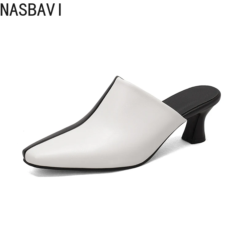 

NASBAVI Summer Women Mules Split Leather Shoes for Women Cover Toe High Heel Women Slippers Square Toe Slingback Designer Sandal