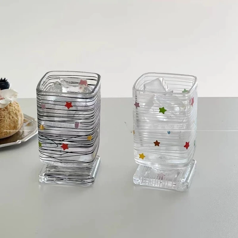 Square Retro Black White Star Line Glass Cup Juice Cup Breakfast Milk Coffee Cups Home Handmade Glass Cups Drinking Utensil