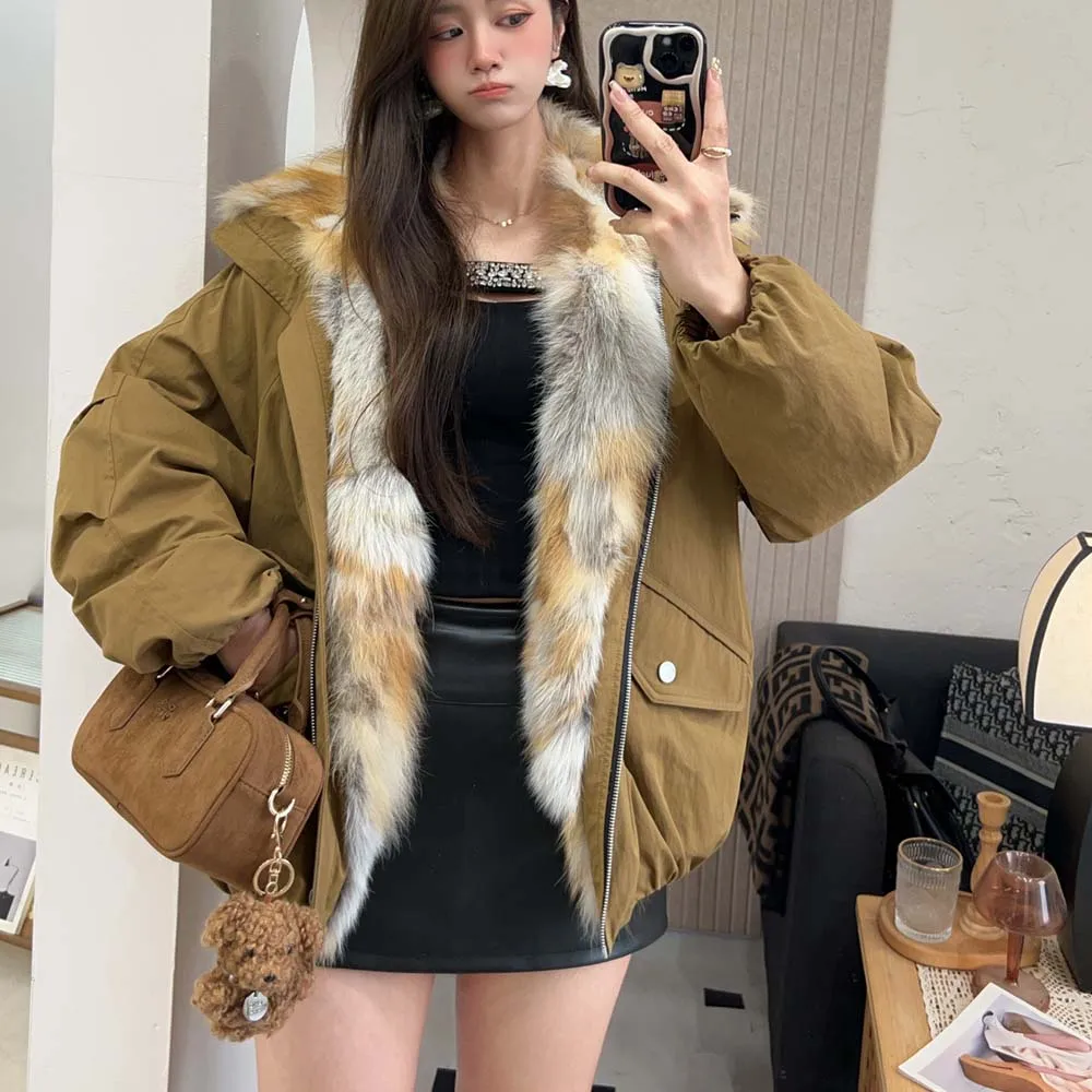 Femmes coréennes vers le bas manteaux col de fourrure de renard ample décontracté en duvet d'oie femme doudoune automne hiver 2025