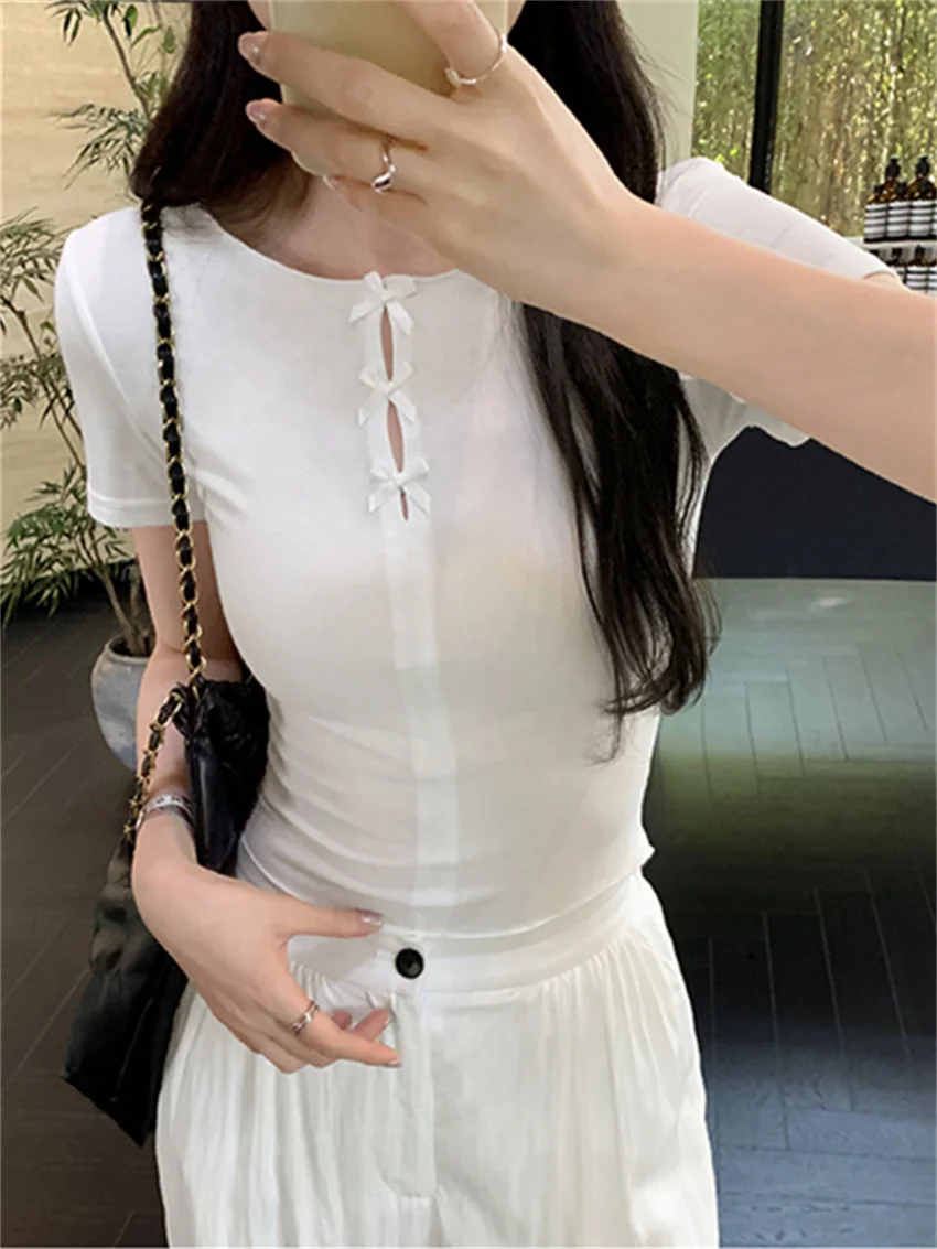 PLAMTEE Summer Skinny Bow T-Shirts Women Fashion Slim Short Sleeve Office Lady Casual All Match Sexy New Tees Solid Sweet Mujer