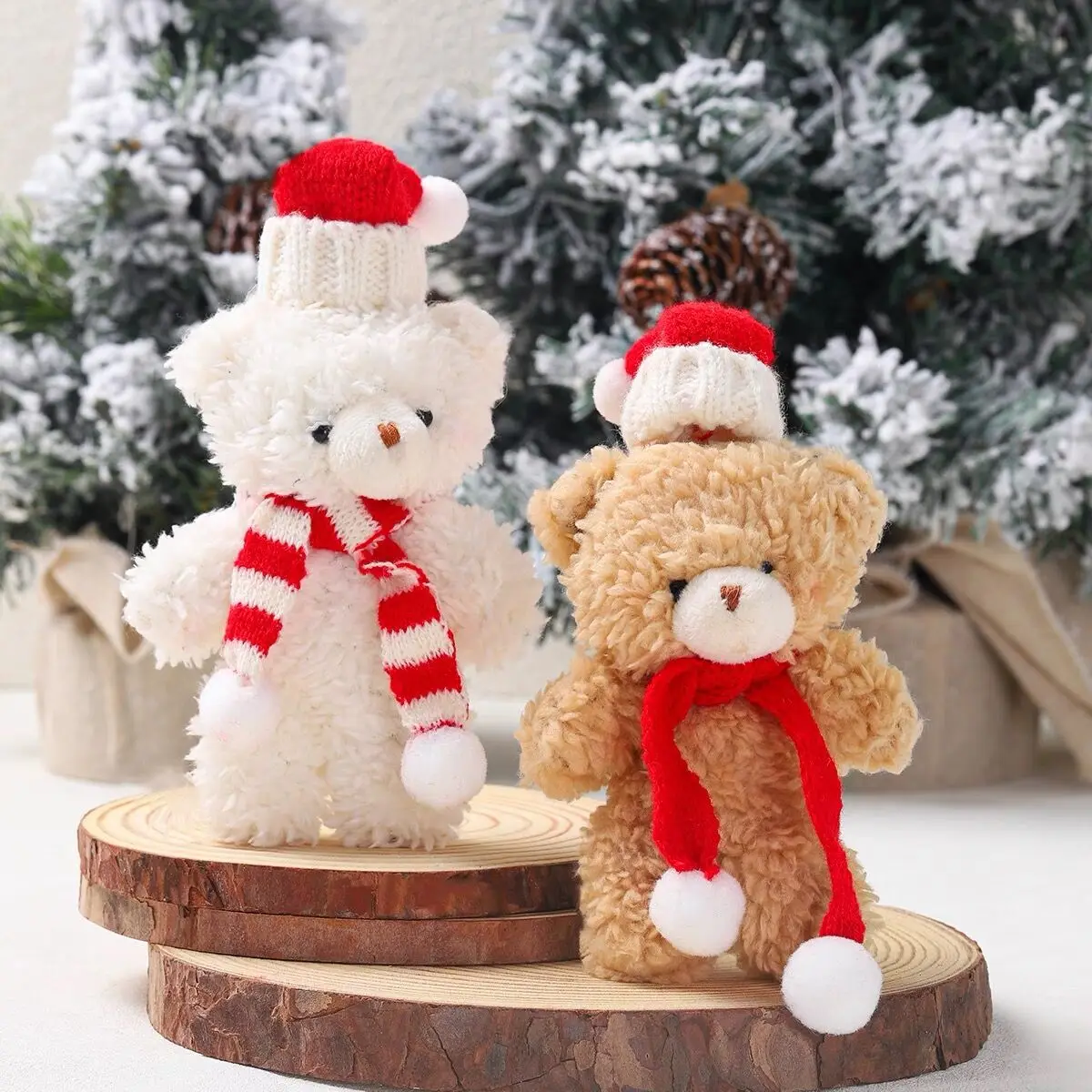 16cm Teddy Bear Plush Keychain Cute Scarf Christmas Hat Bear Home Decoration Accessories Christmas Tree Bouquet Pendant Gift