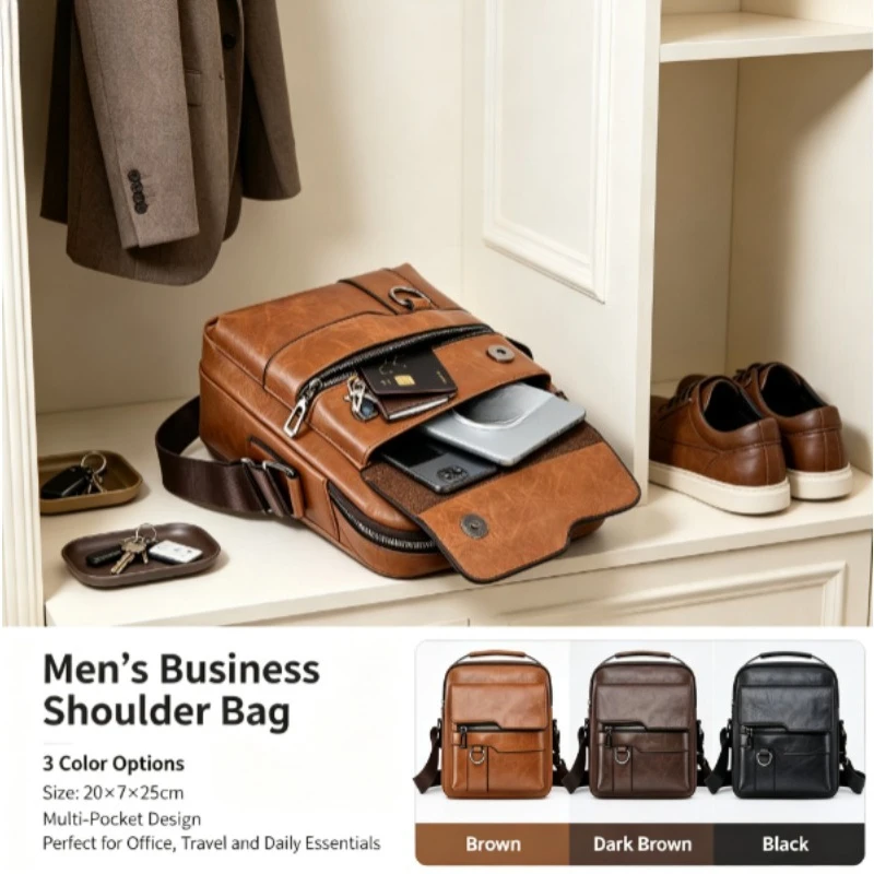 Men Vertical PU Leather Crossbody Bag, Fashion Large‑Capacity Handbag Multifunctional Business Commuter Single‑Shoulder