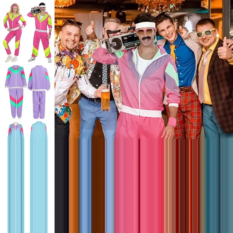 80. léta kostýmy pro ženy dlouhé rukáv ženy diskotéka tepláky sada retro manželé na zip sportovní bunda karneval maškaráda šatstvo