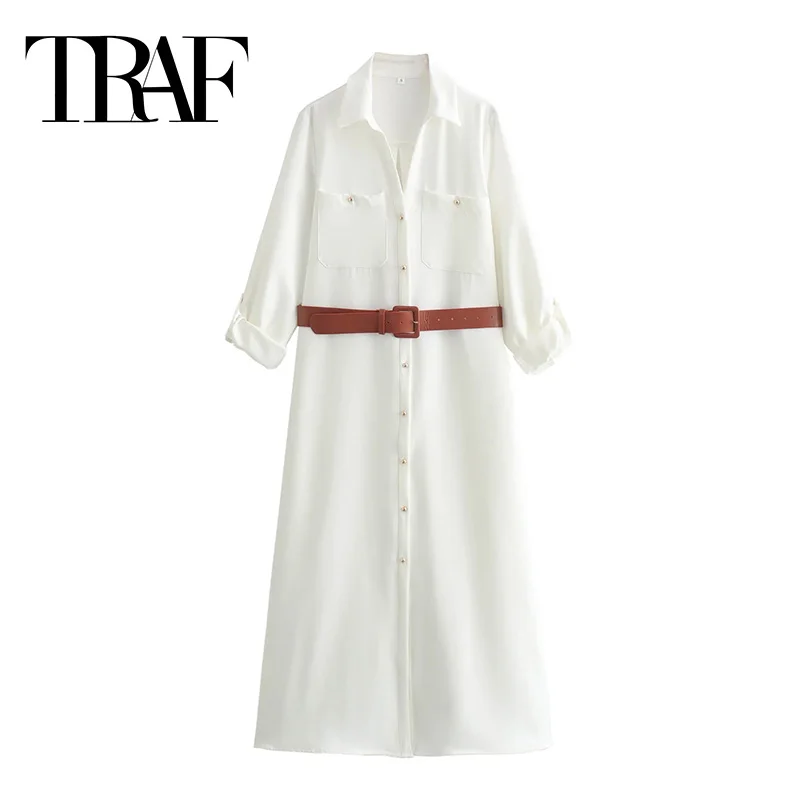 TRAF Off White Shirt Dress Woman Belt Long Dresses For Women 2024 Button Up Summer Midi Dress Long Sleeve Elegant Casual Dresses