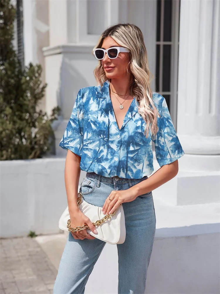 A nova camisa feminina de manga curta 2025 com estampas de pôr do sol e palmeira é uma férias de verão elegantes e casuais
