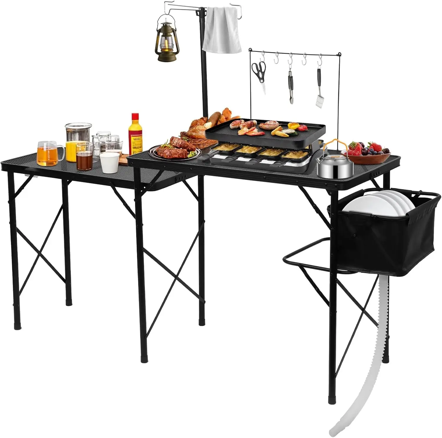

Camping Kitchen Table with Sink Aluminum Kitchen Camping Table Folding Portable Outdoor Cook Station with Telescoping Lanter Pol