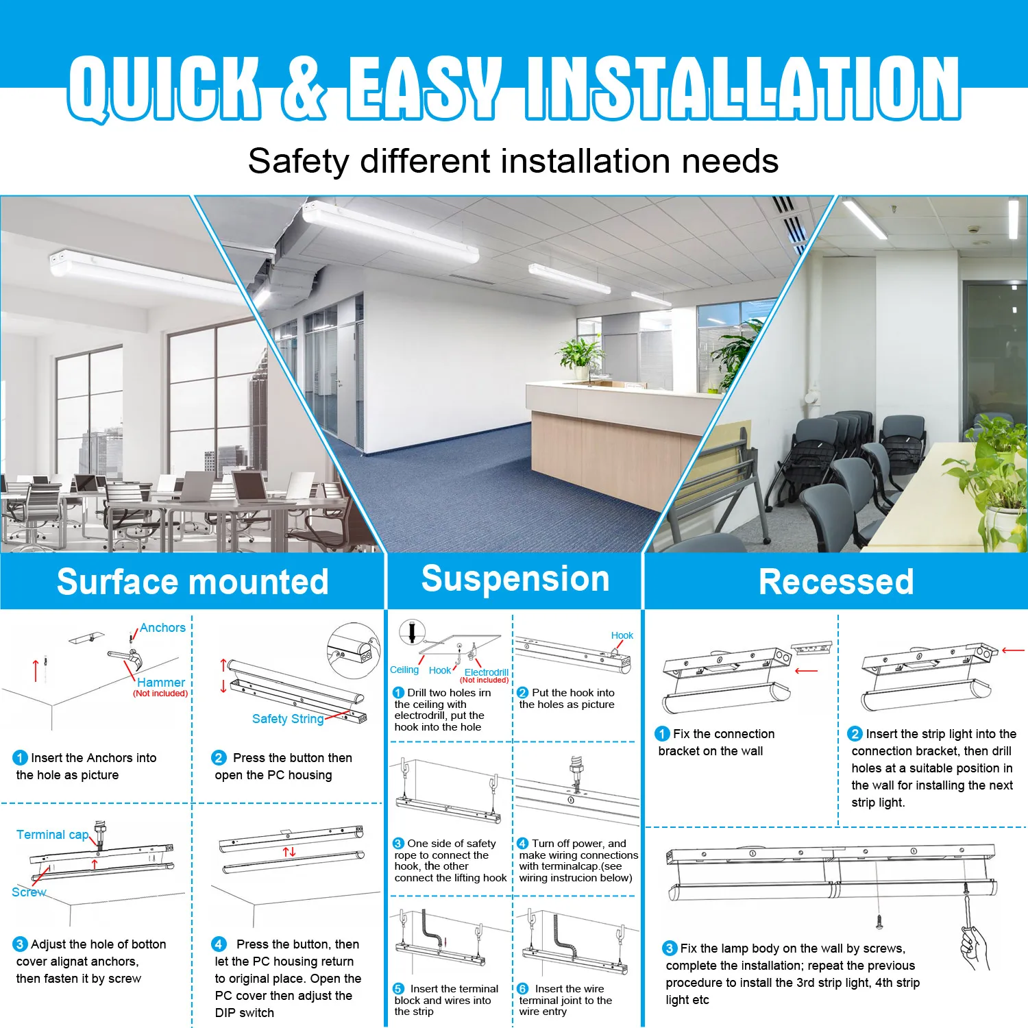 تركيب المصابيح الخطية الولايات المتحدة في المخزون الجدار شريط معلق إضاءة السقف 4ft 8ft 30W إلى 80W Led ضوء المنزل الذكي مع ETL DLC UL #6