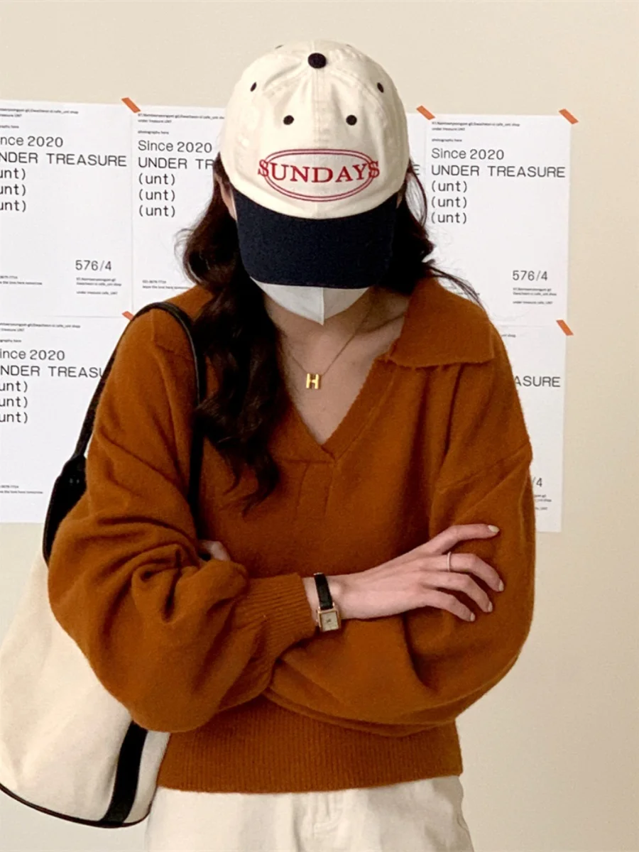 Heavyweight  Collar Knitwear Loose Women's Turn-down Collar Sweater Pure Color Outerwear Comfortable Straight-cut Sle