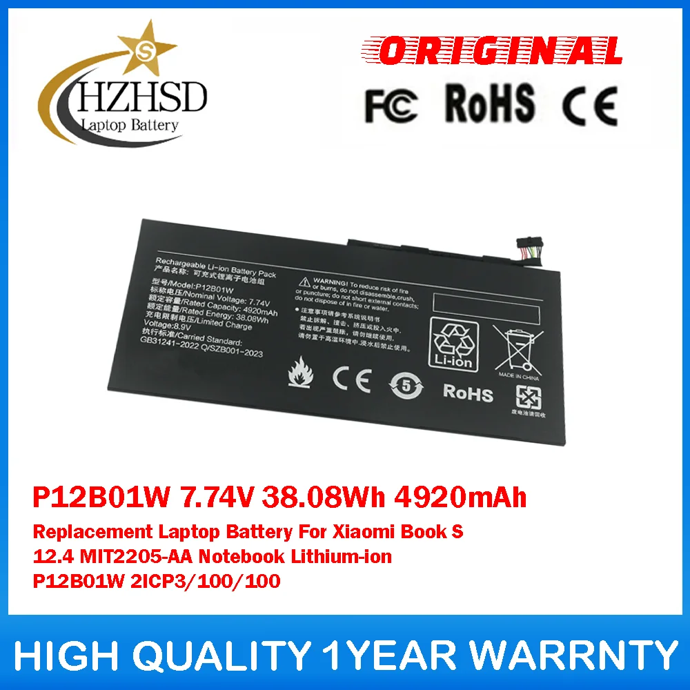 

P12B01W 7.74V 38.08Wh 4920mAh Replacement Laptop Battery For Xiaomi BookS 12.4 MIT2205-AA Notebook Lithium-ion P12B01W 2ICP3/100