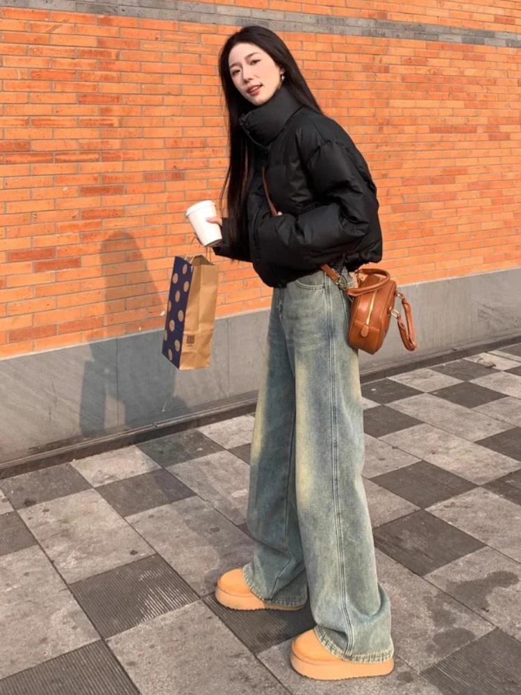 الرجعية عالية الخصر واسعة الساق الجينز المرأة فضفاضة تناسب مستقيم قطع السراويل الخريف التخسيس ثنى السراويل الطويلة عادية الدينيم Skinnies