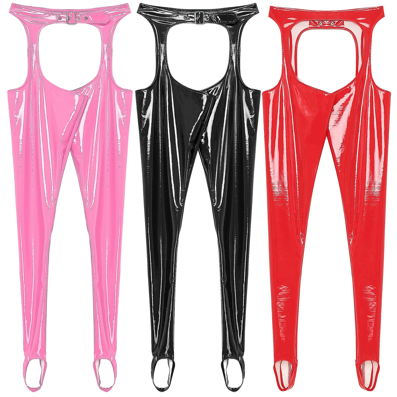 Women PVC Leather Chaps Stirrup Pants Buckle Waist Open Crotch Butt Thigh Cutout Skinny Suspender Leggings Pants Sexy Clubwear