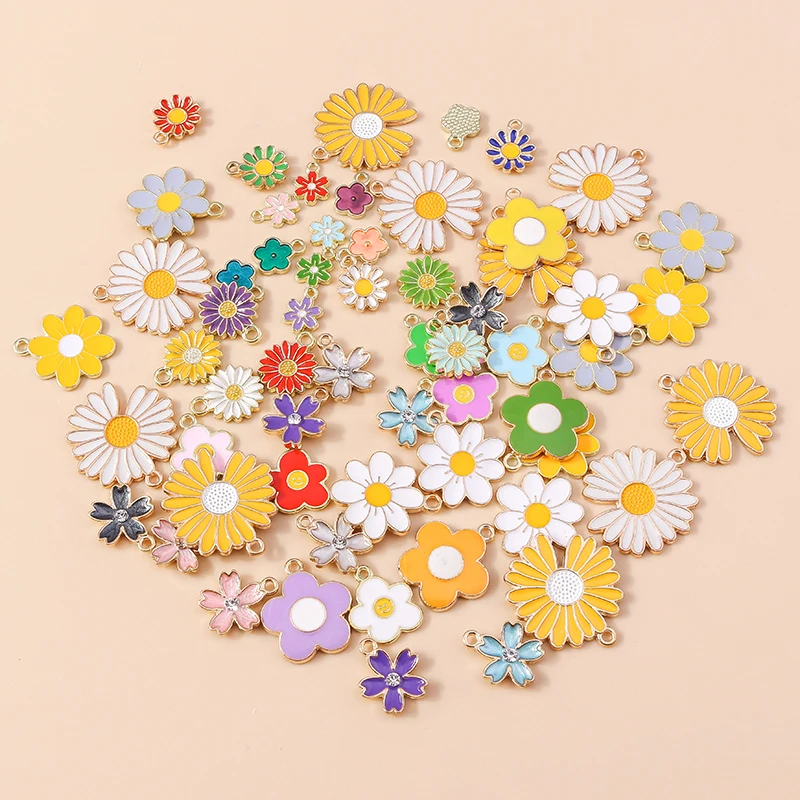 10pcs 9 Styles Mix Color Metal Drop Oil Colorful Flower Charms Plant Daisy Pendant for DIY Bracelet Necklace Jewelry Making