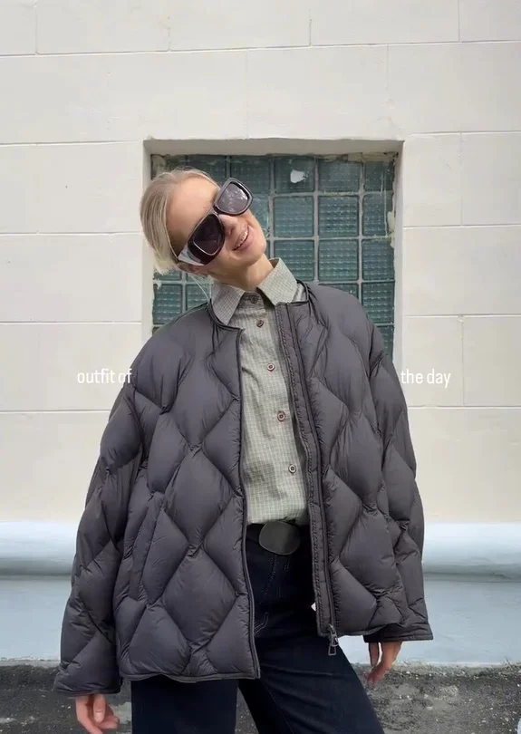 Solid Lightweight Quilted Warm Puffer Jacket Women Chic Crew Neck Zip Up Loose Cotton Padded Coat Winter Lady Daily Outfit 2026