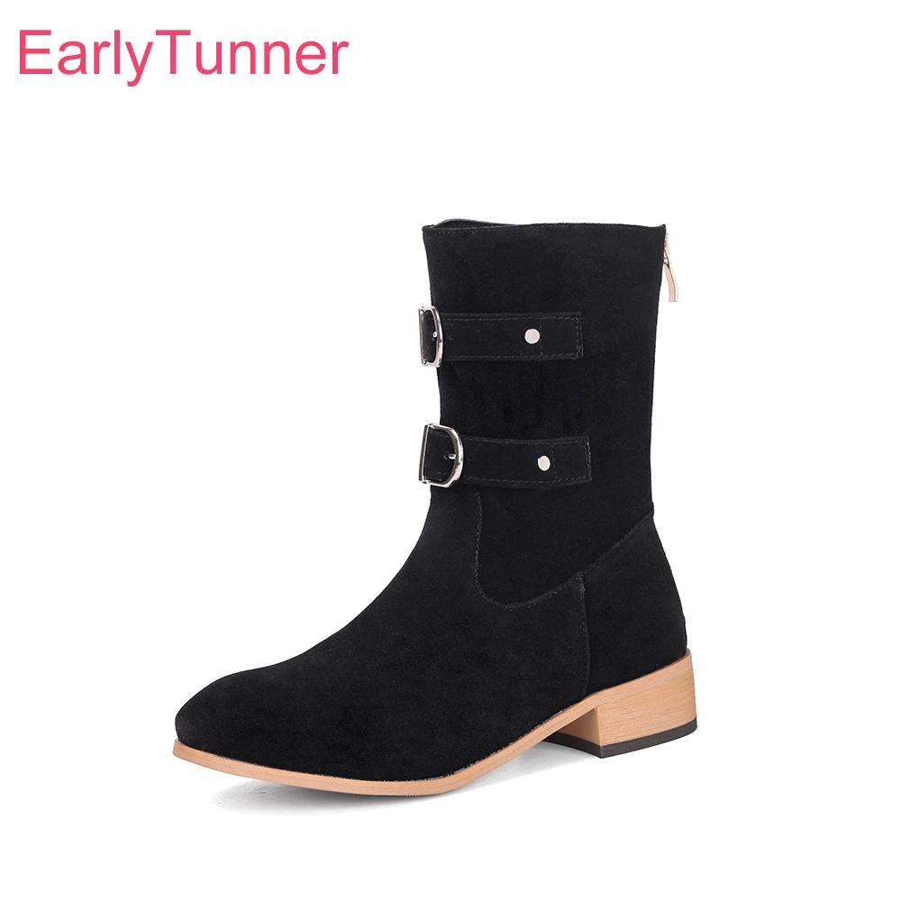 

2025 Новые зимние удобные черно-коричневые женские ботинки до середины икры с круглым носком, женская обувь на среднем массивном каблуке, большие размеры 42 46 48