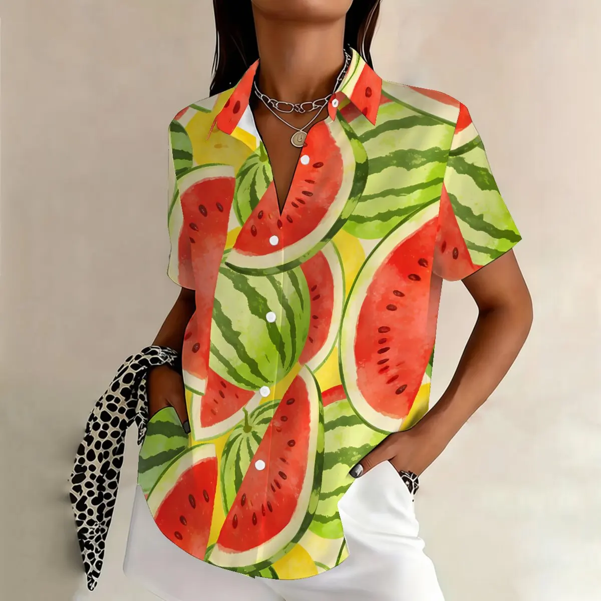 

Women's Plus Size Summer Lapel Shirt with Fun Watermelon Print, Vibrant & Unique, Perfect for Gatherings, Picnics & Shopping