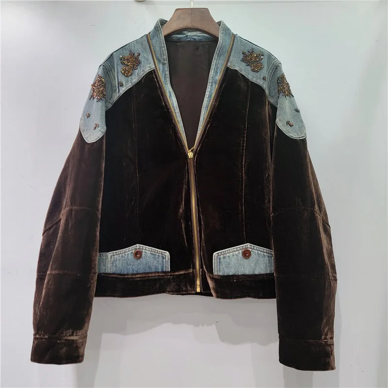 Vintage Velvet Color Block Spliced Jacket V Neck Zip Up Beaded Embroidery Denim Patchwork Cropped Streetwear Outerwear 260701