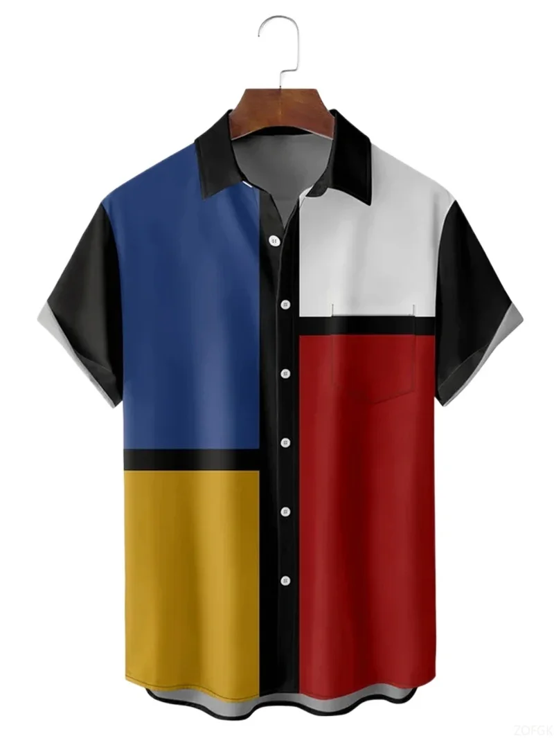 قمصان رجالية ثلاثية الأبعاد فن هندسي ملون تجريدي لوحة زيتية مطبوعة قمصان رجالية قصيرة الأكمام موضة للجنسين هاواي زر علوي