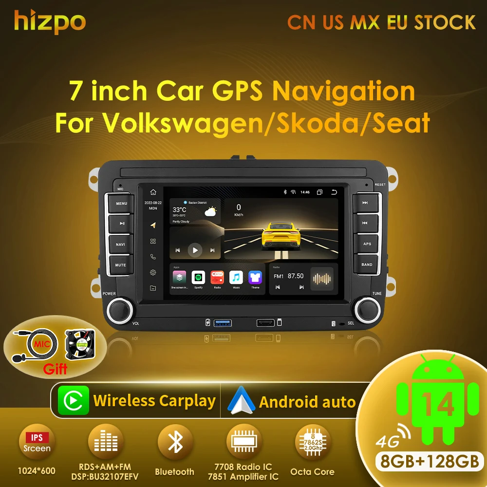Hizpo 7 "Android Auto Radio GPS 4G WiFi DSP Carplay Für VW/Volkswagen Skoda Octavia Golf 5 6 Touran Passat B6 Polo Jetta 2 Din