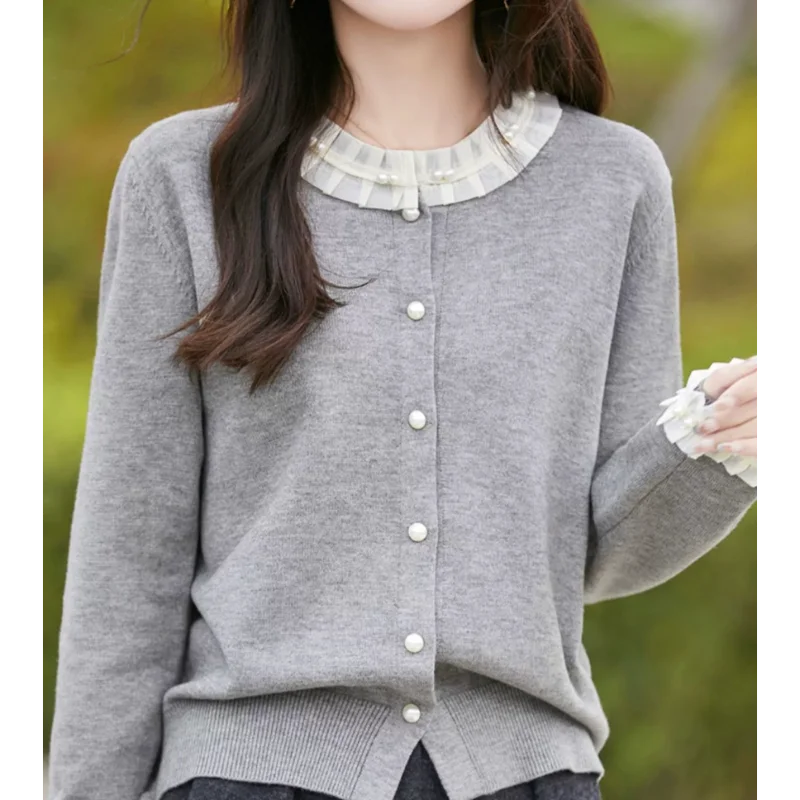 

Women's French Short Coat Knitted Cardigan with Contrast Color Ruffled Collar Autumn Winter New Fashion Outerwear Sweater