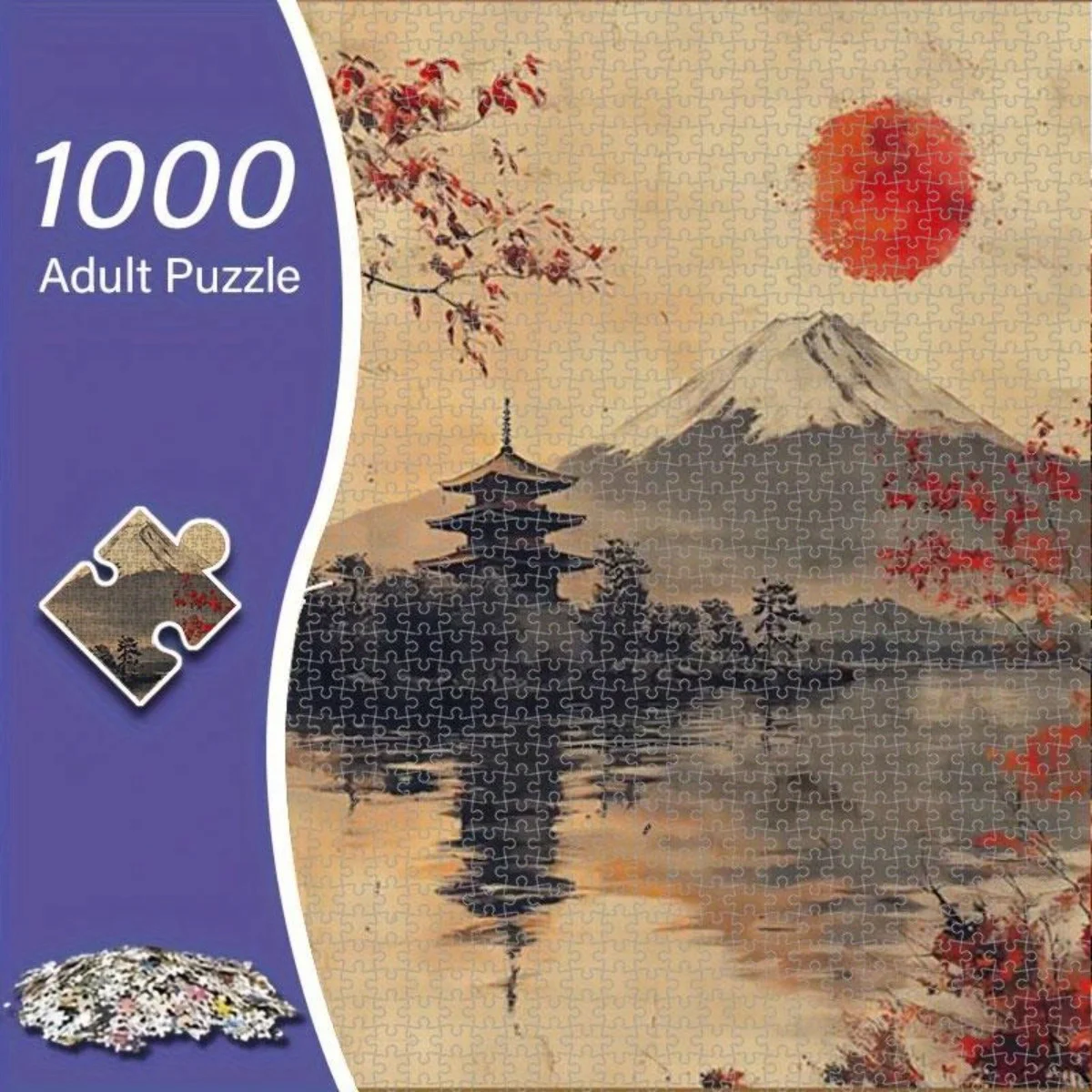1000 قطعة من اللغز الياباني - جبل فوجي، الشمس الحمراء، معبد وأزهار الكرز - لغز التحدي للبالغين مع Lan الياباني التقليدي
