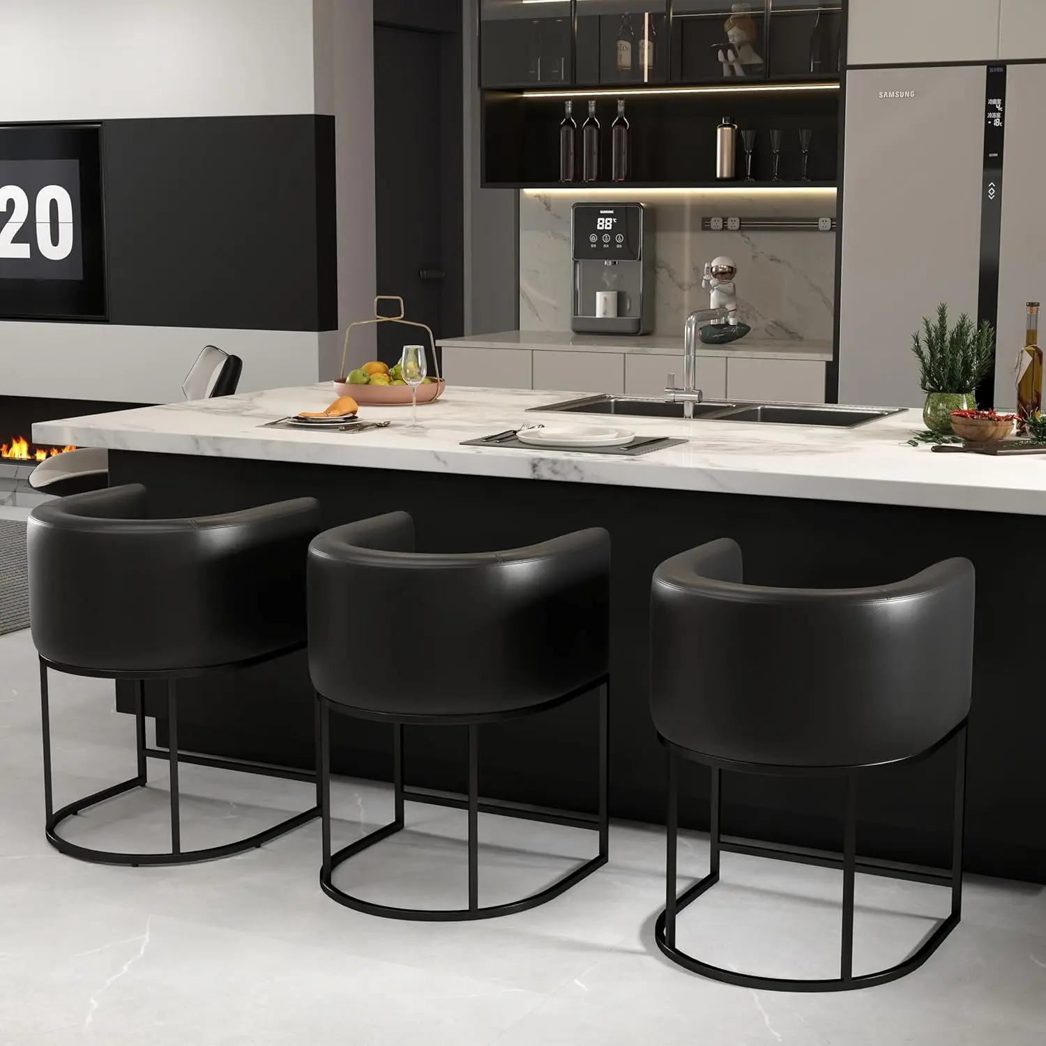 Modern Barrel Counter Height Clearance Bar Stools Set of 4,  PU Leather Kitchen Barstools