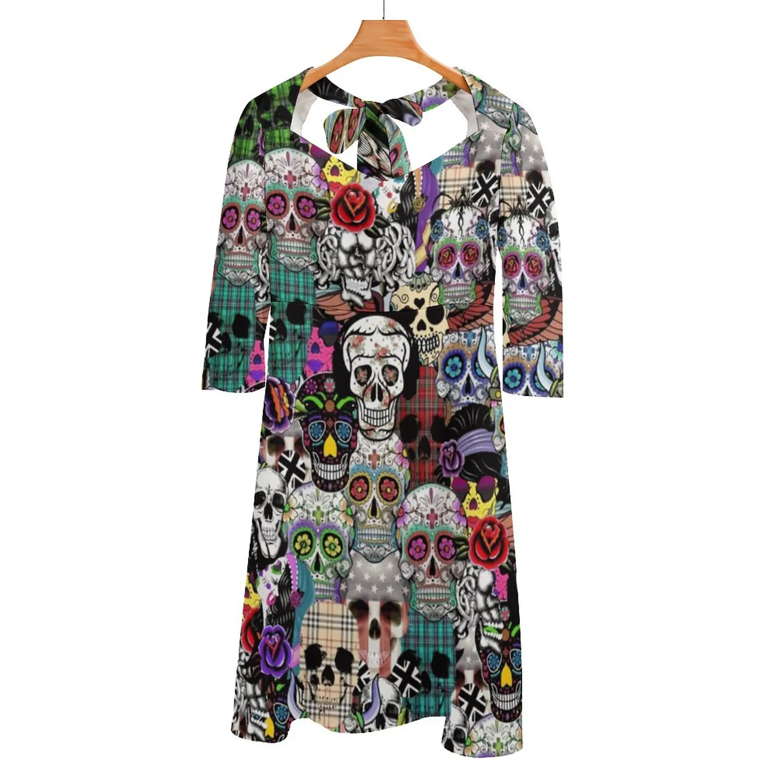 Halloween Back Lacing Backless Dress Women Kawaii Square Collar Dress 6Xl Pop Surrealism Pop Art Cool Geek Horror Scurry