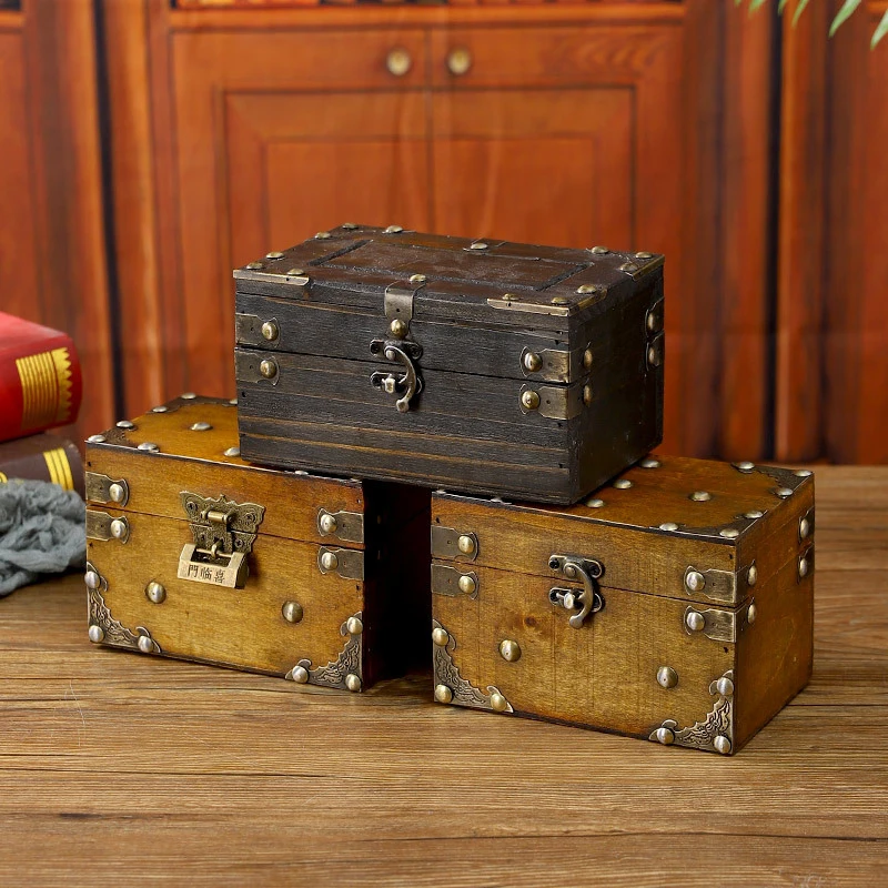 Medieval Vintage Wooden Jewelry Storage Box Trunk Jewelry Container Pirate Treasure Jewellery Storage Case Props With Lock