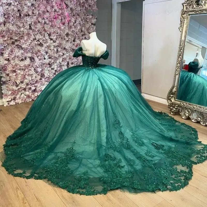 Customized Shiny Luxury Green Quinceanera Dresses Shiny Lace Applique Off-Shoulder Birthday Party Princess Vestidos De 15 Anos