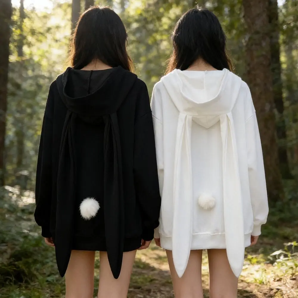 2025 Autumn Winter New Rabbit Extra Long Ears Hooded Sweatshirt Casual Loose Zipper Cardigan Hoodie Solid Zip Up Y2k Streetwear