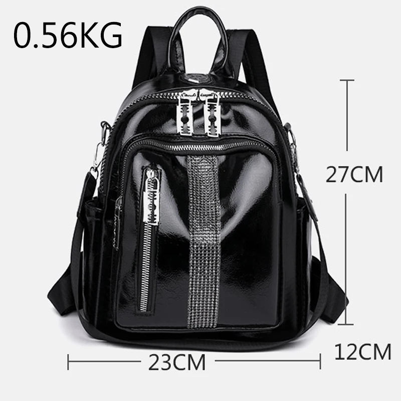 High Quality Soft Leather Women Backpack Silver Diamonds Ladies School Bag Personality Zipper Design Girls One Shoulder Backpack