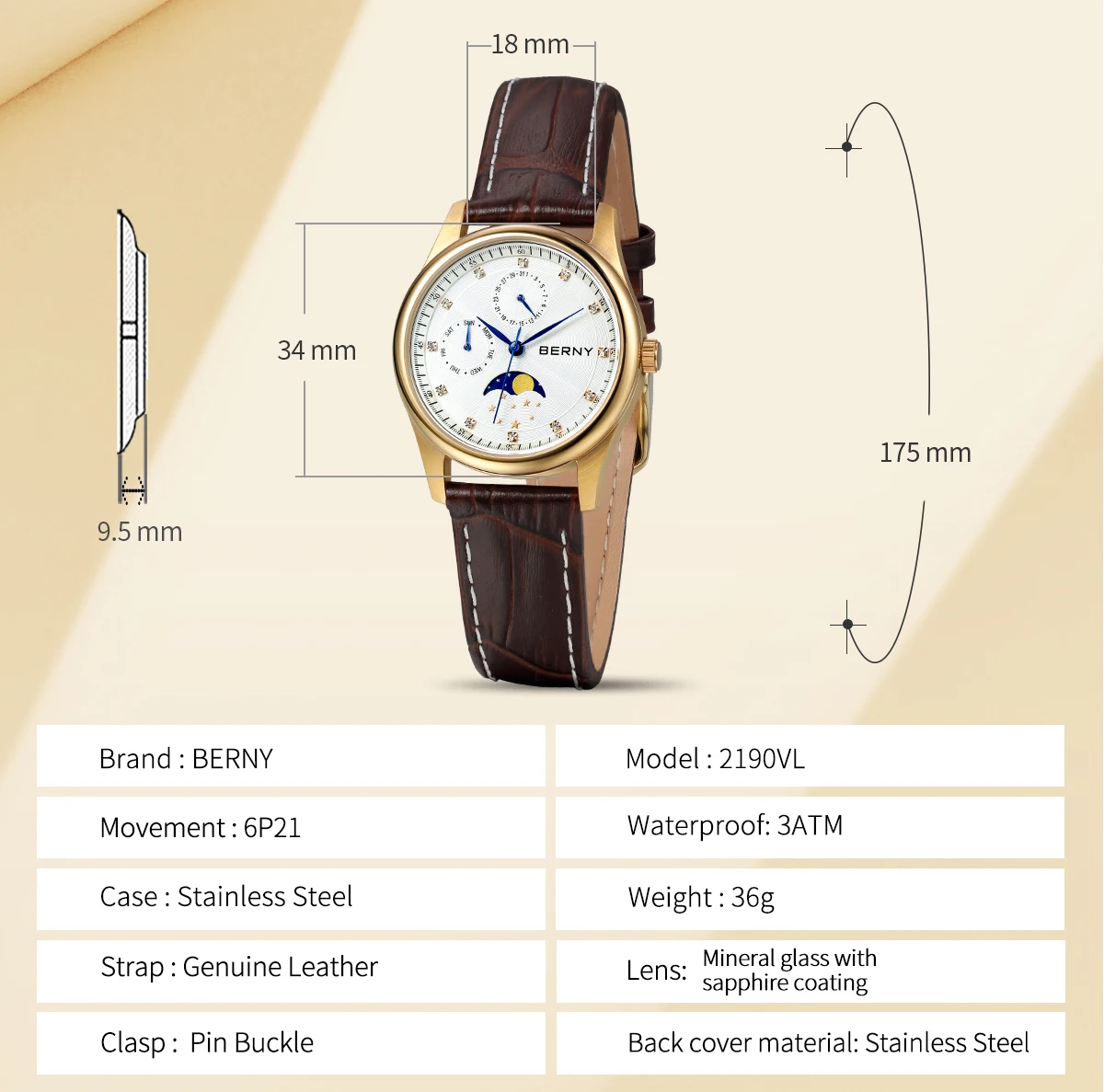 BERNY Damenuhren, Kalender, Datum, Woche, echte Mondphase, Quarz, Damenuhr, Lederarmband, elegante, lässige Damen- und Mädchen-Armbanduhr – Detail 10