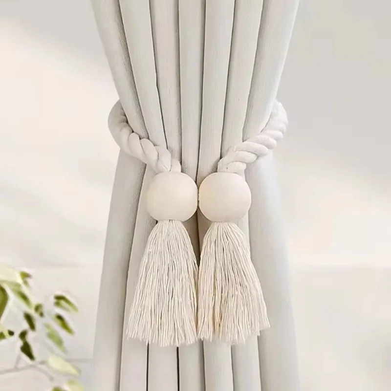 Pastoral Style Wooden Magnetic Curtain Tiebacks No Drill Strong Magnet Window Drape Binding Straps Detachable Buckle Rope Rustic