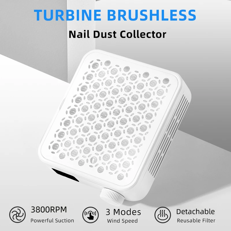 Nail Dust Collector Vacuum Cleaner 3800RPM Brushless 3 Speed Low Noise Acrylic Nail Dust Extractor Reusable Filter Salon DIY