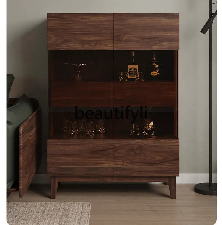

Black walnut side cabinet New Chinese glass wine cabinet Living room decoration, simple wall locker